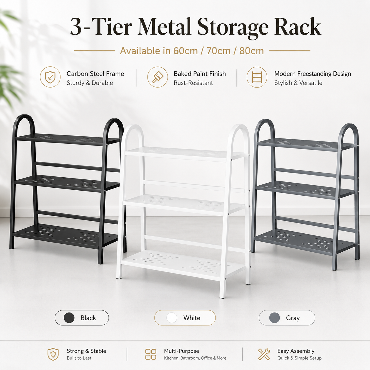 3-tier metal storage rack in black white and gray