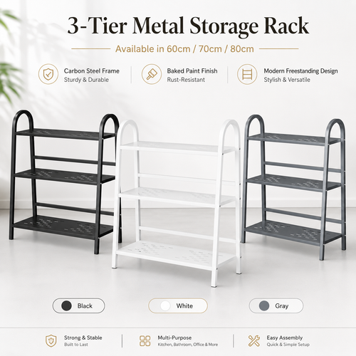 3-tier metal storage rack in black white and gray