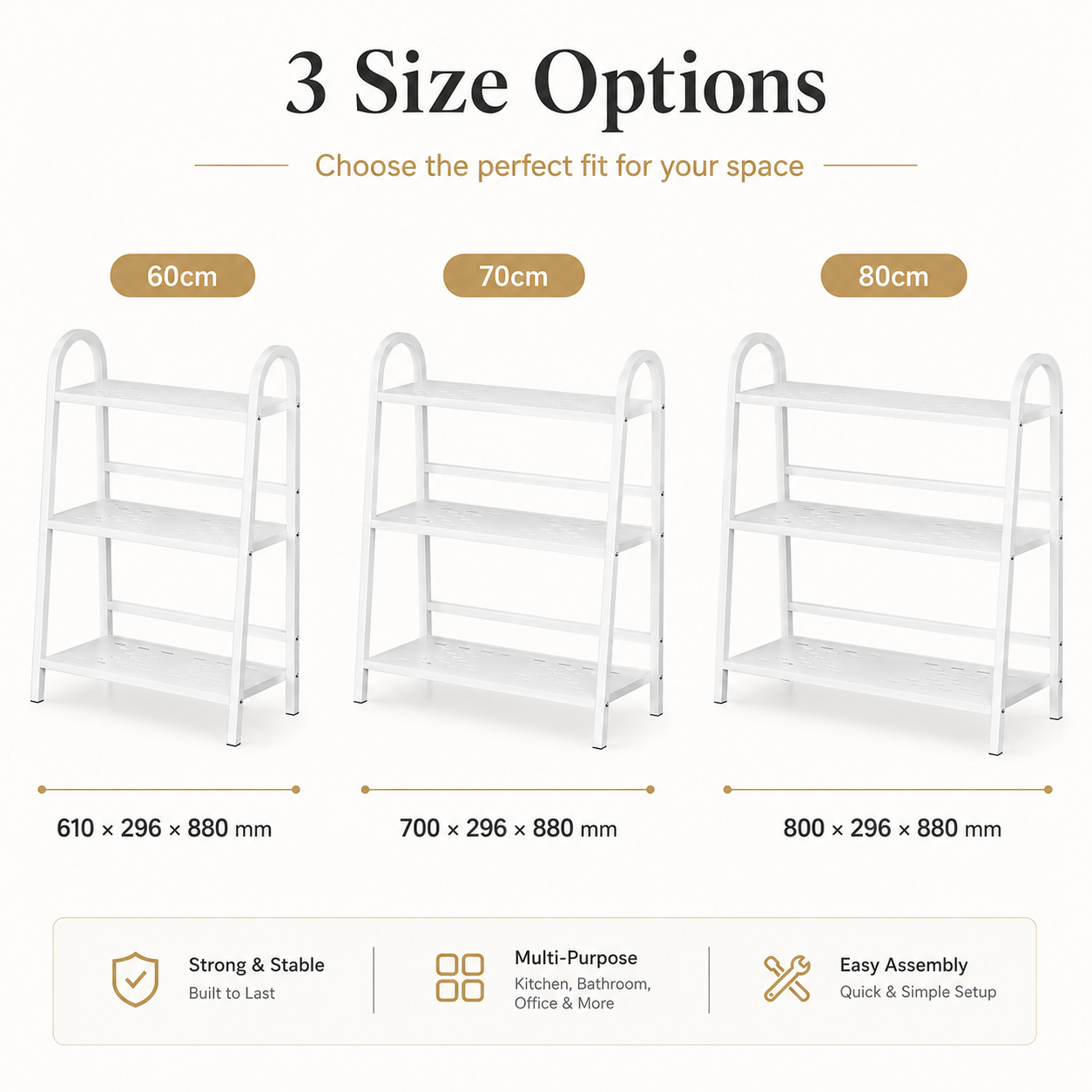 3-tier storage rack size options 60cm 70cm and 80cm