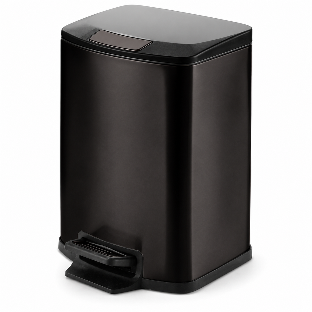 Black square soft-close pedal trash can with rounded corners and front foot pedal on a white background