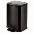 Black square soft-close pedal trash can with rounded corners and front foot pedal on a white background