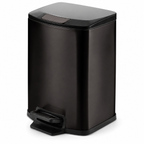 Black square soft-close pedal trash can with rounded corners and front foot pedal on a white background