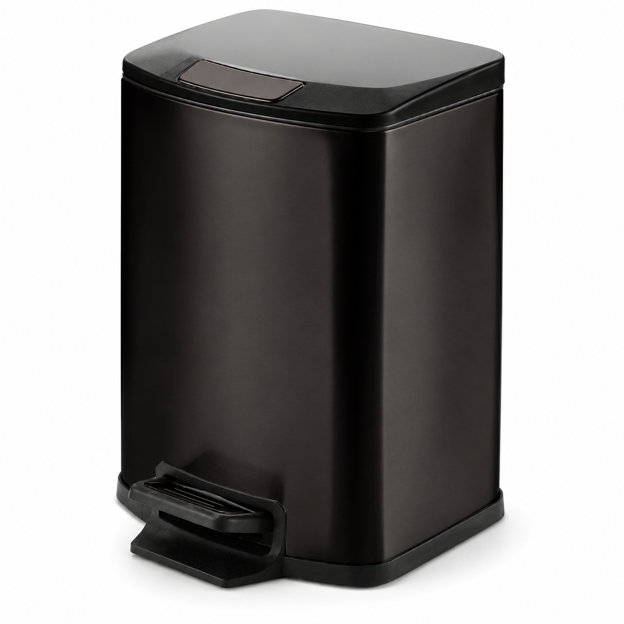 Black square soft-close pedal trash can with rounded corners and front foot pedal on a white background
