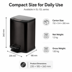 Dimension chart for black square pedal trash can measuring