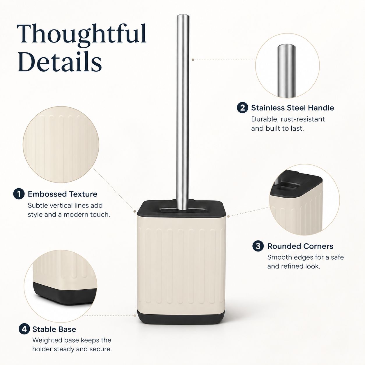 Embossed Toilet Brush and Holder with Stainless Steel Handle