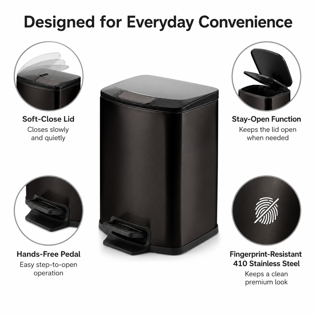 Feature infographic showing soft-close lid, stay-open function, hands-free pedal, and fingerprint-resistant stainless steel