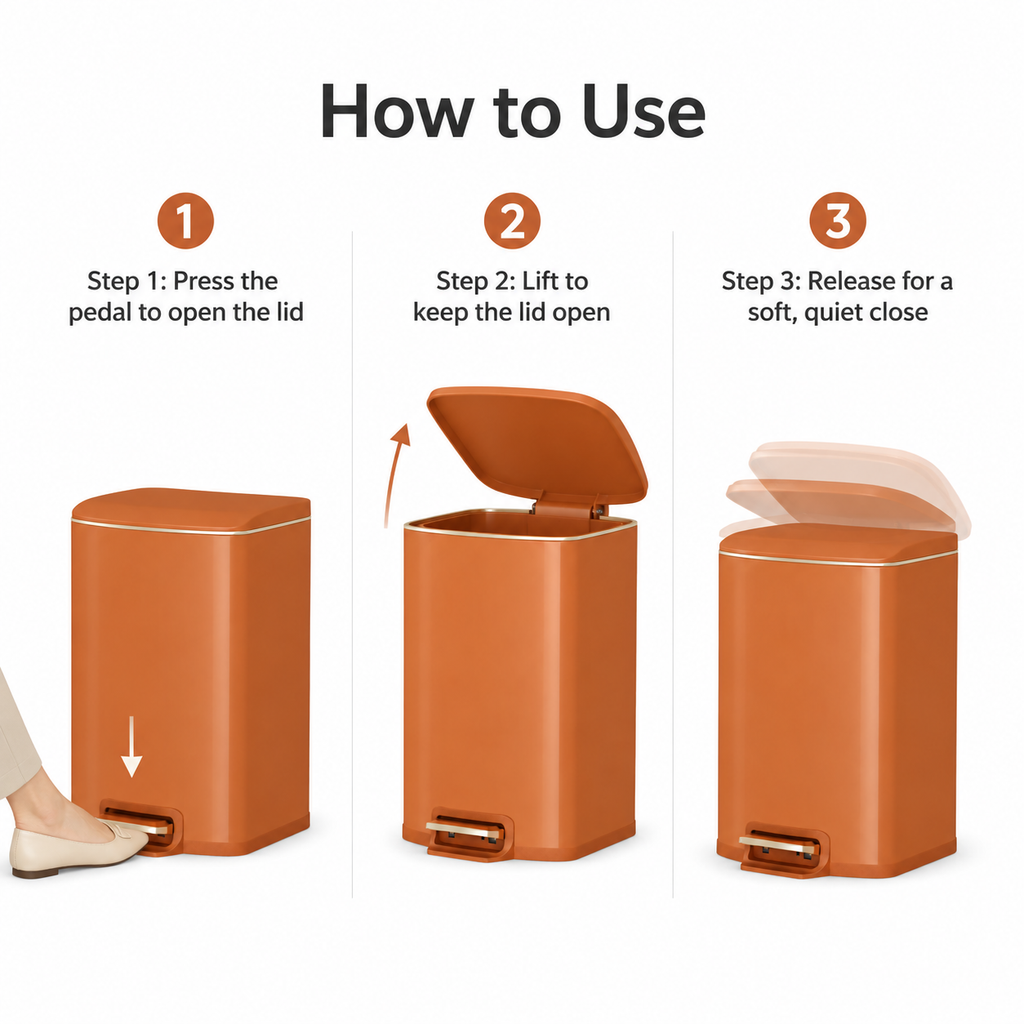 Feature infographic showing soft-close lid, stay-open function, hands-free pedal, and fingerprint-resistant stainless steel