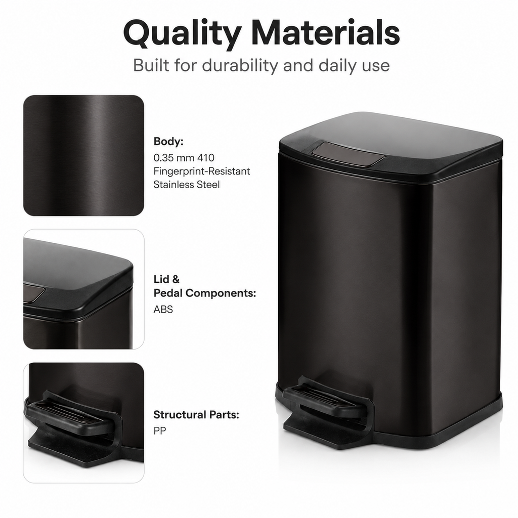 How-to-use guide showing pedal press, stay-open lid, and soft quiet closing for black square trash can