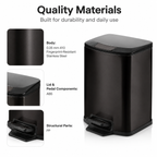 How-to-use guide showing pedal press, stay-open lid, and soft quiet closing for black square trash can