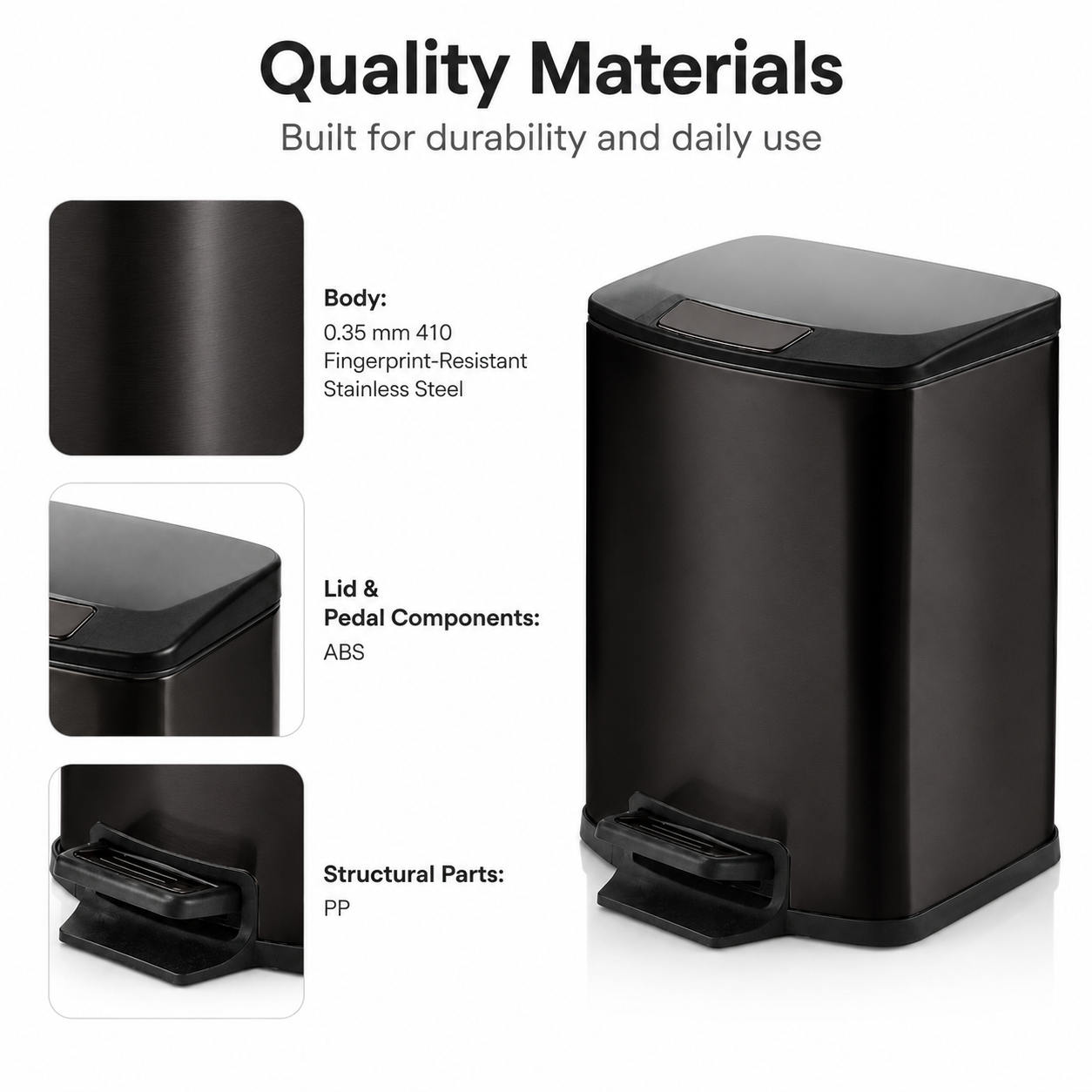 How-to-use guide showing pedal press, stay-open lid, and soft quiet closing for black square trash can