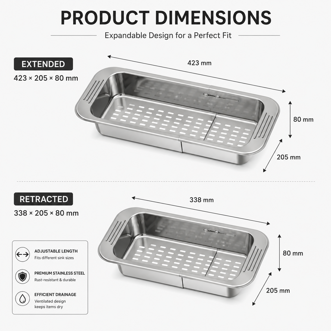 304 Stainless Steel Over-the-Sink Colander Basket | GLOBALIS