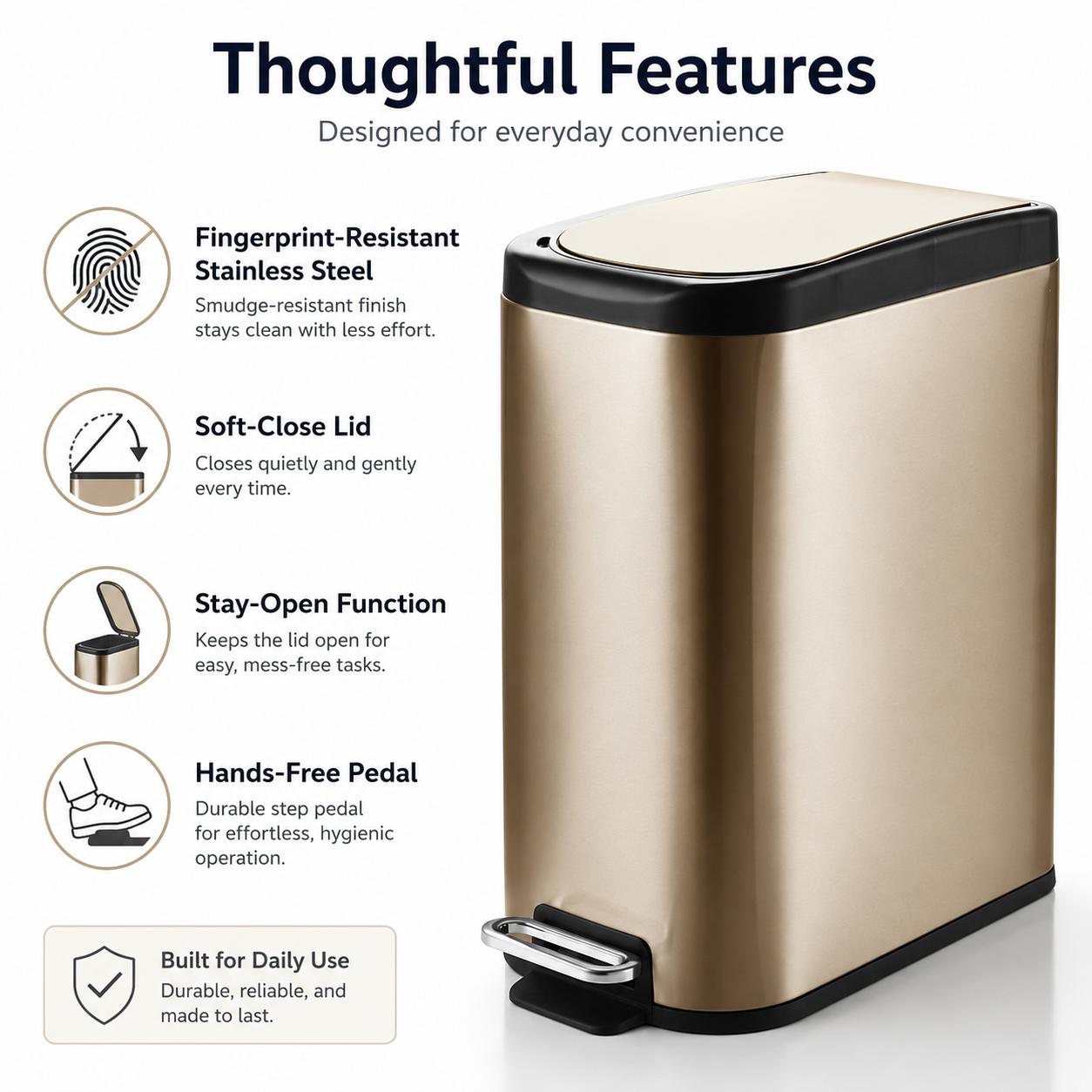 KSSKSS 10L-15L Stainless Steel Pedal Trash Can | GLOBALIS