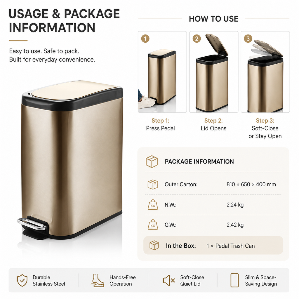 KSSKSS 10L-15L Stainless Steel Pedal Trash Can | GLOBALIS