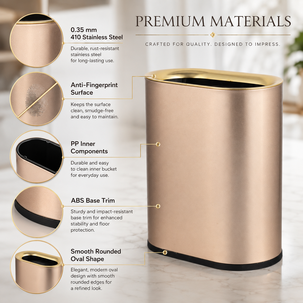 6L-12L oval open top stainless steel trash can side angle view