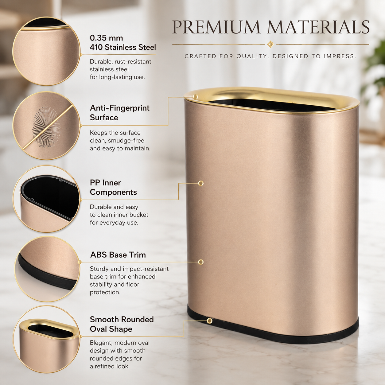6L-12L oval open top stainless steel trash can side angle view