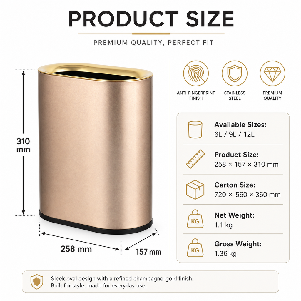 6L-12L oval open top stainless steel trash can use and packaging guide