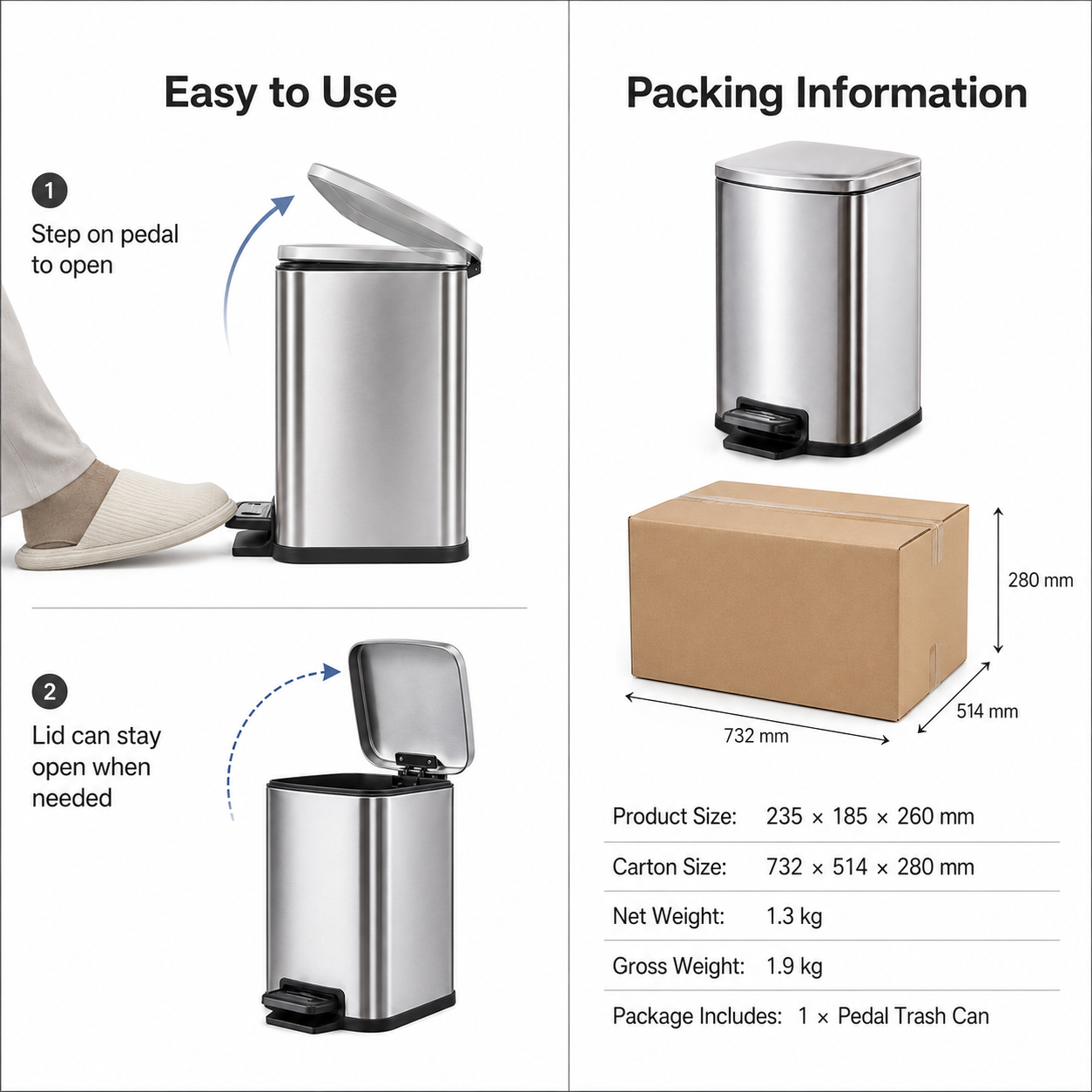 Stainless Steel Pedal Trash Can, 5L-12L | GLOBALIS