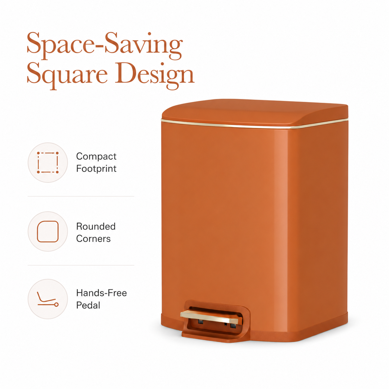 Angled view of a compact terracotta square pedal trash can with rounded corners and hands-free foot pedal 
