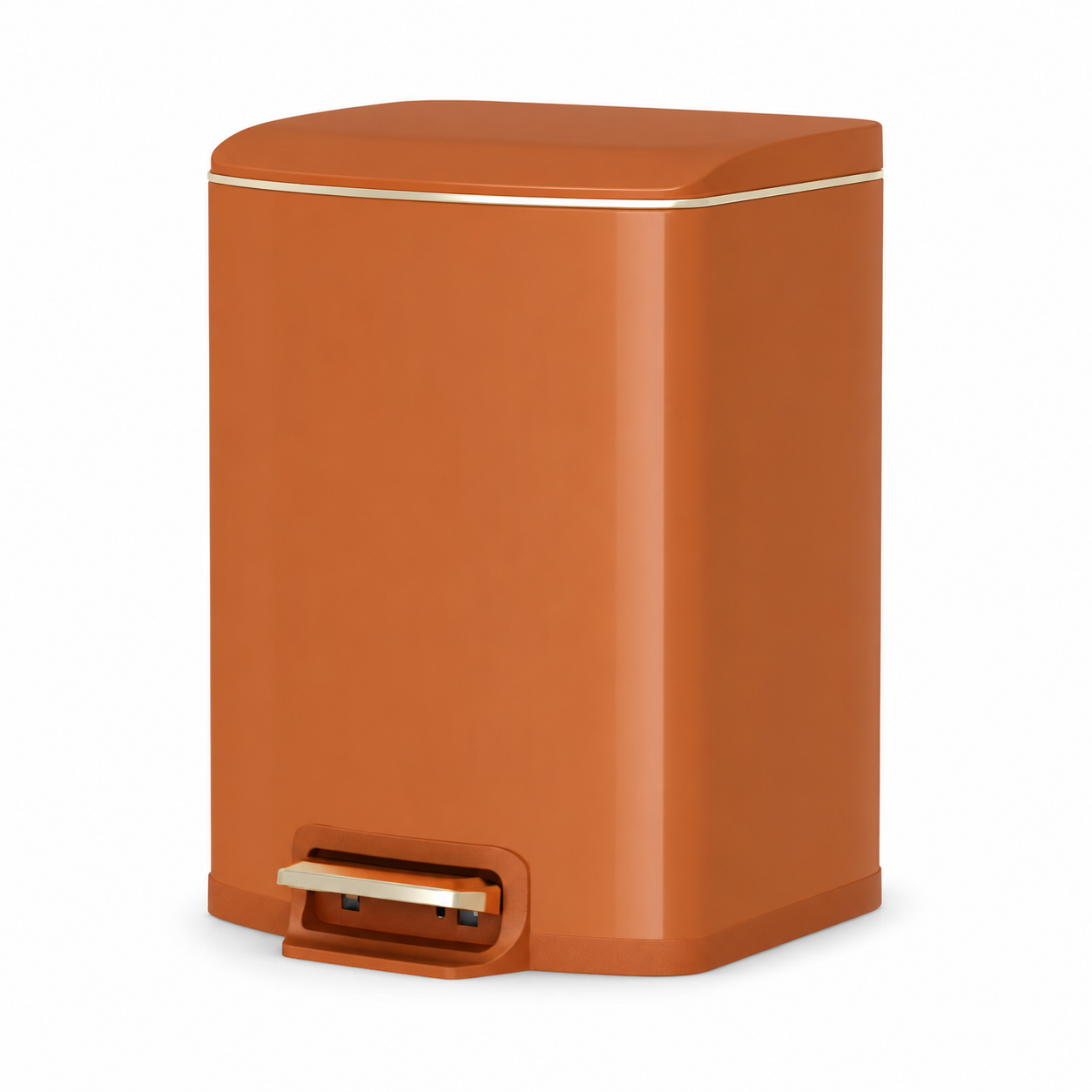 Terracotta square soft-close pedal trash can with rounded corners and gold pedal on a white background