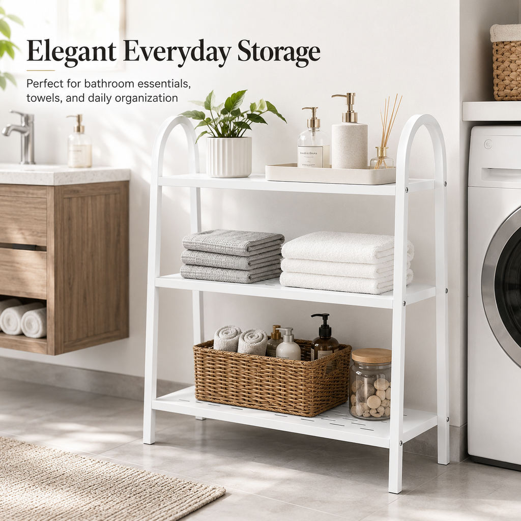 white 3-tier steel storage shelf in laundry room