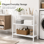 white 3-tier steel storage shelf in laundry room