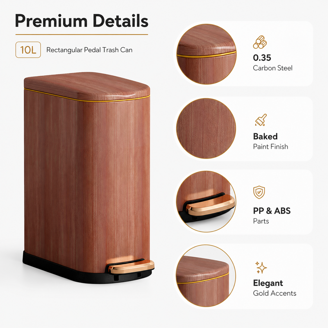 10L Wood Grain Rectangular Pedal Trash Can | GLOBALIS