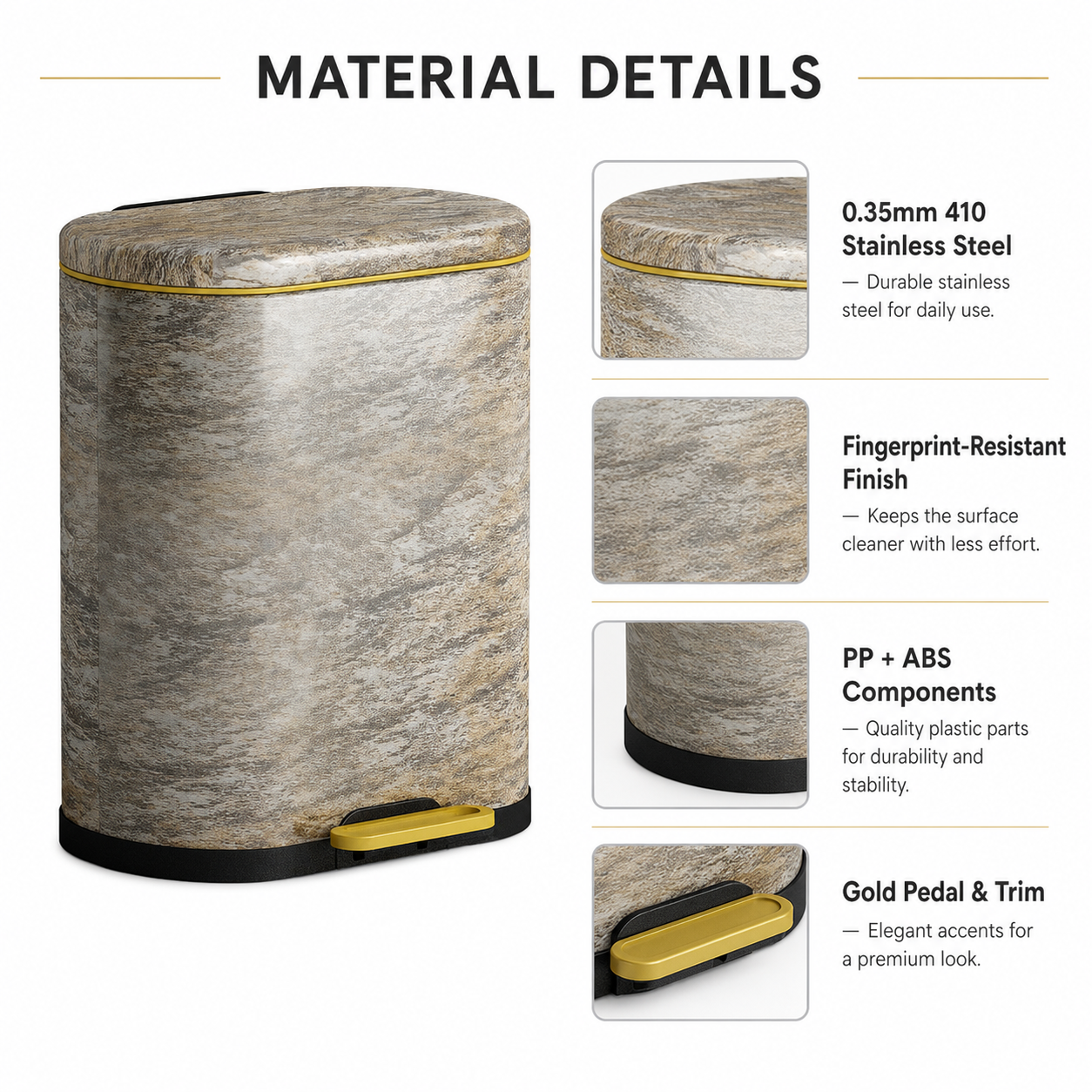 6L-9L Marble Look Pedal Trash Can | GLOBALIS