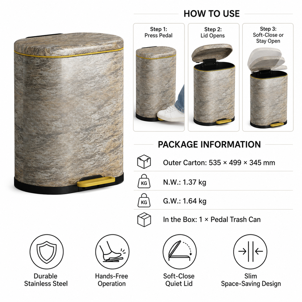 6L-9L Marble Look Pedal Trash Can | GLOBALIS