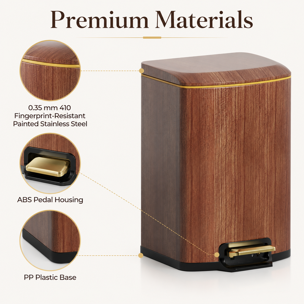 Wood grain square pedal trash can product dimensions