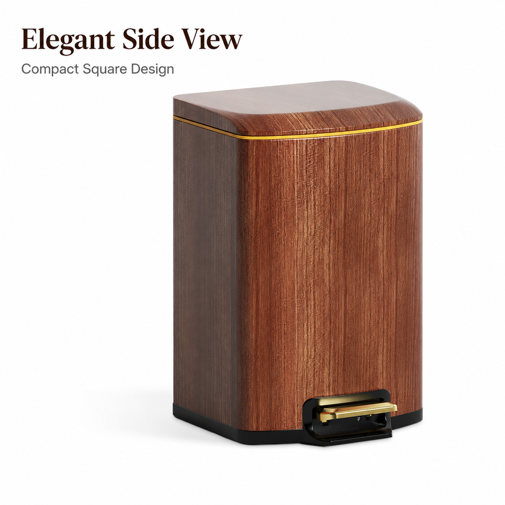 Wood grain square pedal trash can side view