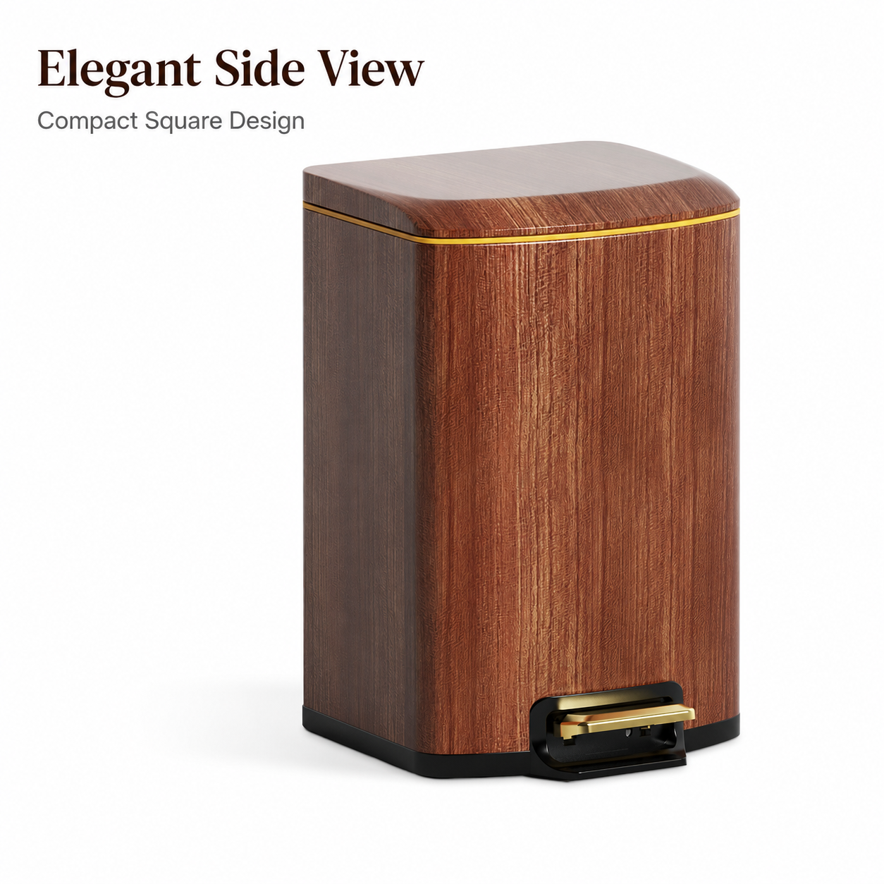Wood grain square pedal trash can side view
