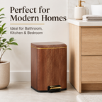 Wood grain square pedal trash can in modern home