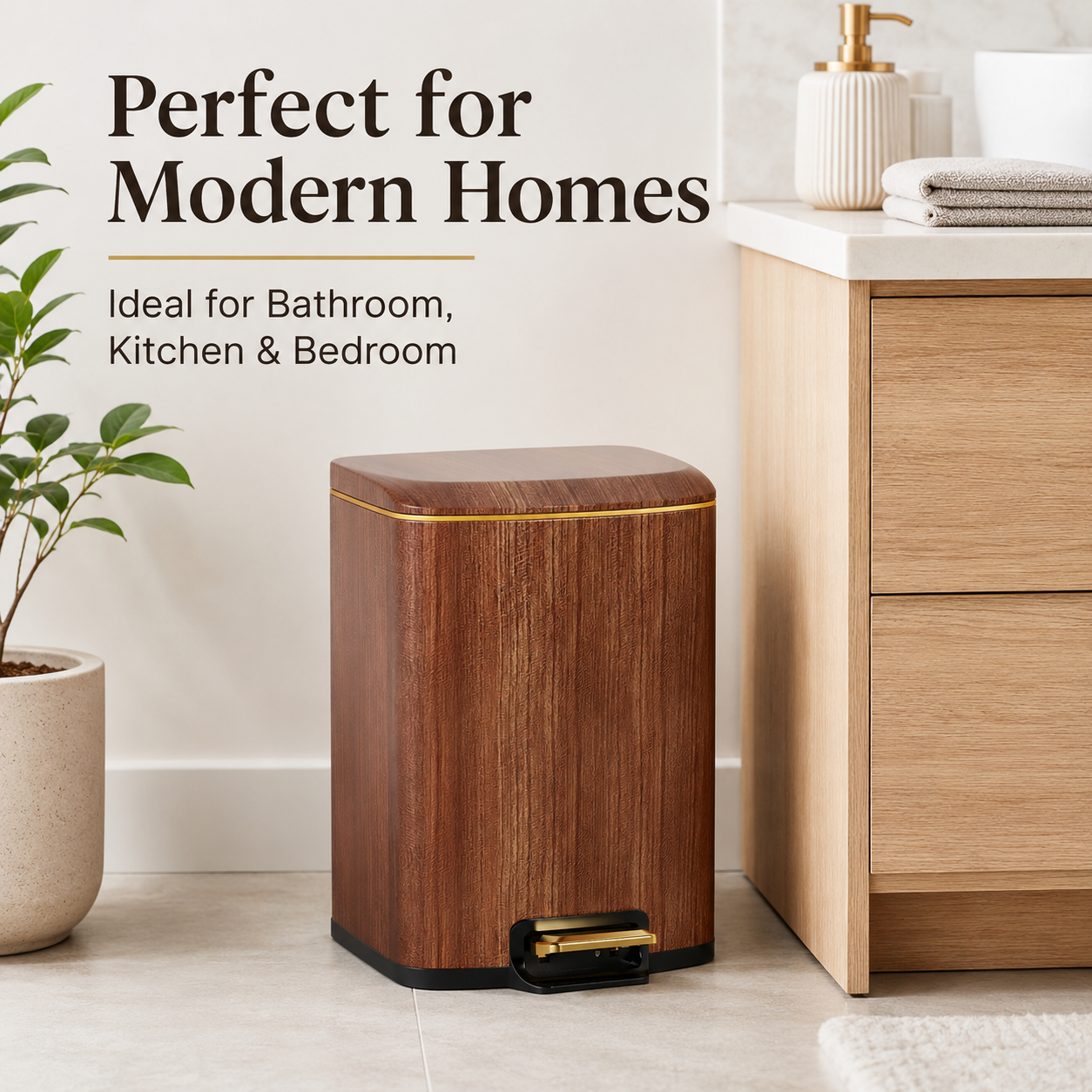Wood grain square pedal trash can in modern home