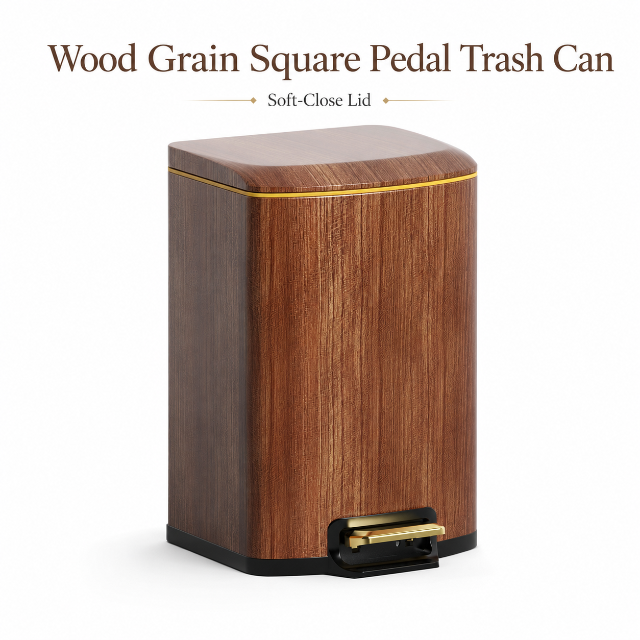 Wood grain square pedal trash can front view